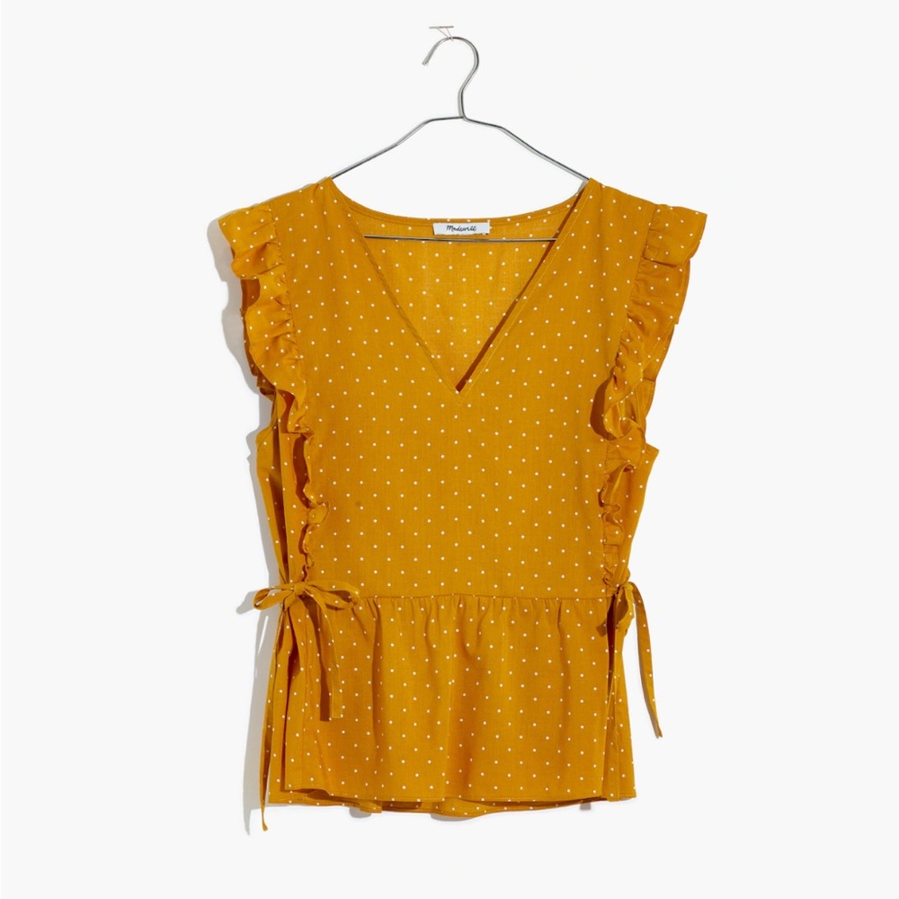 Madewell Side Tie Ruffle Peplum Top in Pindot Tungsten Glow Polkadot Small